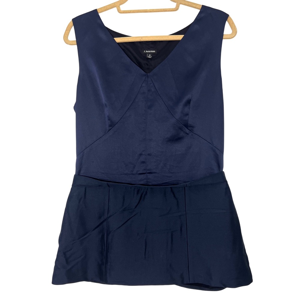 J. Peterman Top Size 12 Blue Wool‎ Silk Satin Peplum Sophisticated Work Wear